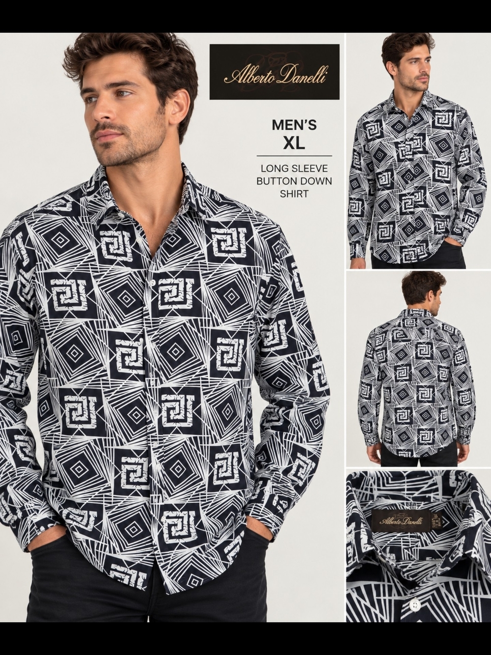 Alberto Danelli Men’s XL Black White Geometric Long Sleeve Button Down Shirt